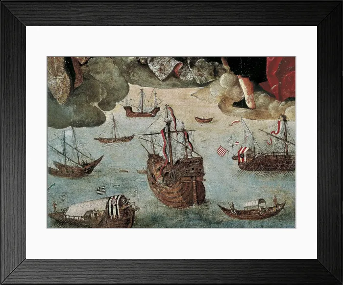 Framed Print : FERNANDEZ, Alejo (1475-1546). The Virgin of the Navigators. 1536. Lower detail. Gothic art. Oil on wood. SPAIN. Sevilla. General Archives of the Indies Framed Print : FERNANDEZ, Alejo (1475-1546). The Virgin of the Navigators. 1536. Lower detail. Gothic art. Oil on wood. SPAIN. Sevilla. General Archives of the Indies