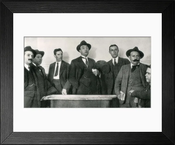 Framed Print : Spain (1919). Anarchism. Portrait of the anarcho-syndicalist Salvador Segu (middle, with hat), Angel Pestaa (on his right), Bajatierra, Martnez, Espaa, Molins and Piera