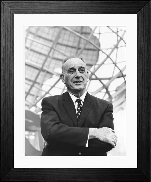Framed Print : Robert Moses in front of the New York's World Fair signature structure, the Unisphere. August 1964