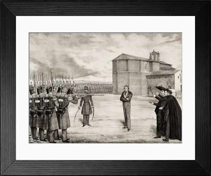 Framed Print : Spain. Execution of Martn Zurbano after the coup against Narvez in 1844 to restorate the Constitution of 1837. Engraving. SPAIN. Madrid. National Library Framed Print : Spain. Execution of Martn Zurbano after the coup against Narvez in 1844 to restorate the Constitution of 1837. Engraving. SPAIN. Madrid. National Library
