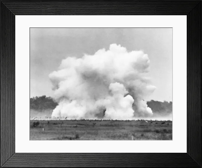 Framed Print : The explosion of Lester P. Barlow's GLMITE bomb at Aberdeen Proving Ground, Maryland. The 1, 000 pound liquid oxygen bomb created an powerful roar, but little damage