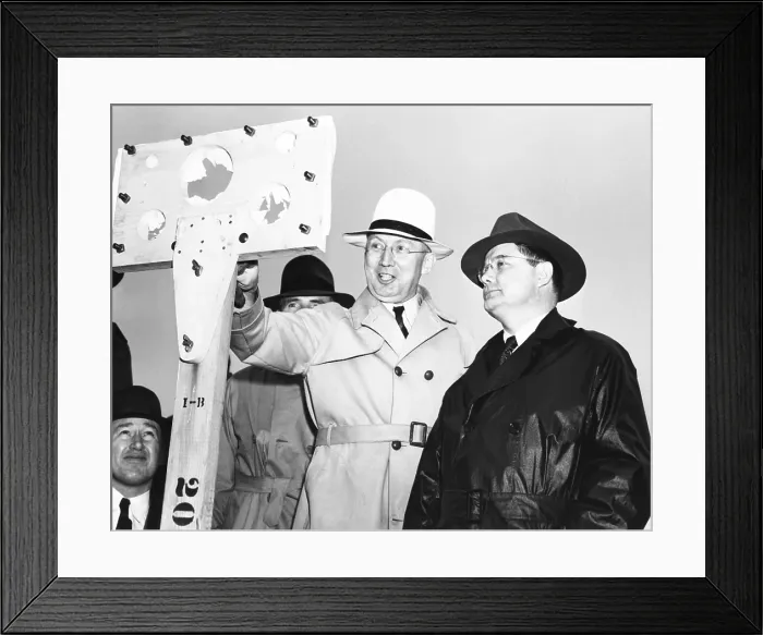 Framed Print : Sen. Chan Gurney (center), and Col. K.F. Adamson (right) after GLMITE bomb test