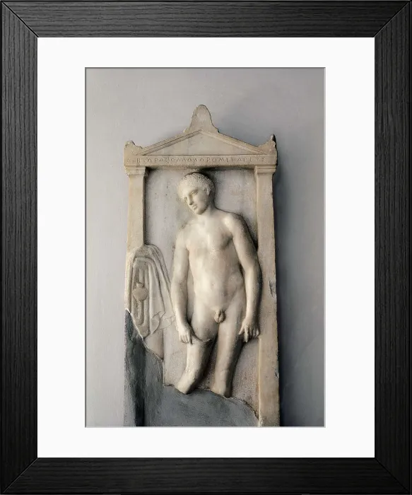Framed Print : Athlete giving himself a massage with a strigil. 4th c. BC. Classical Greek art. Relief on marble. GREECE. Athens. Piraeus. Archaeological Museum of Piraeus Framed Print : Athlete giving himself a massage with a strigil. 4th c. BC. Classical Greek art. Relief on marble. GREECE. Athens. Piraeus. Archaeological Museum of Piraeus