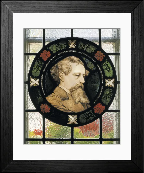 Framed Print : DICKENS, Charles (1812-1870). Portrait in a tondo (round frame) that decorates Dickens house. Glass window. UNITED KINGDOM. London. Charles Dickens House