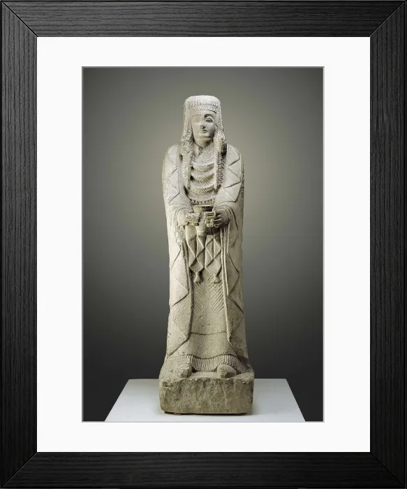 Framed Print : Lady from El Cerro de los Santos. 3rd BC. Sandstorm stone. Offerer lady. Iberian art. Sculpture on rock. SPAIN. Madrid. National Museum of Archaeology. Proc: SPAIN