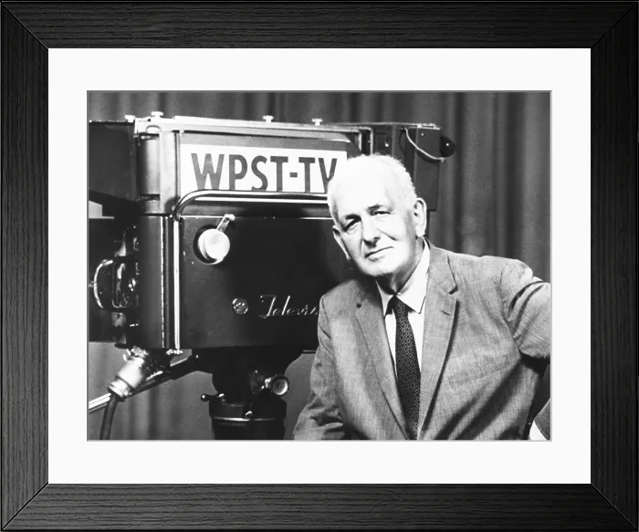 Framed Print : Gabriel Heatter, in front of a WPST-TV camera in 1960. He was one of the first radio reporters and commentators in the 1930s