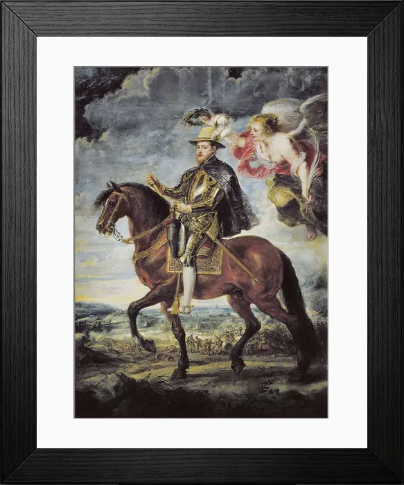 Framed Print : RUBENS, Peter Paul (1577-1640). Philip II Crowned by Victory. 1628. Representation of the victorious king, in the background a scene of the Battle of Saint Quentin. Flemish art