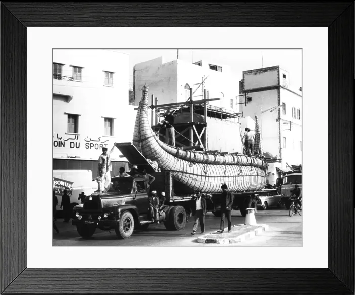 Framed Print : Thor Heyerdahl's second papyrus reed boat, the RA II is taken to Safi Port in Morocco Framed Print : Thor Heyerdahl's second papyrus reed boat, the RA II is taken to Safi Port in Morocco