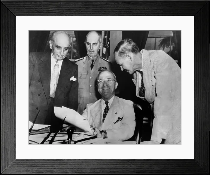Framed Print : President Harry Truman with advisors on June 13, 1945. At right, Harry Hopkins, who just returned from a 3-week trip to Moscow. At left are Joseph Davies, and Adm. William Leahy