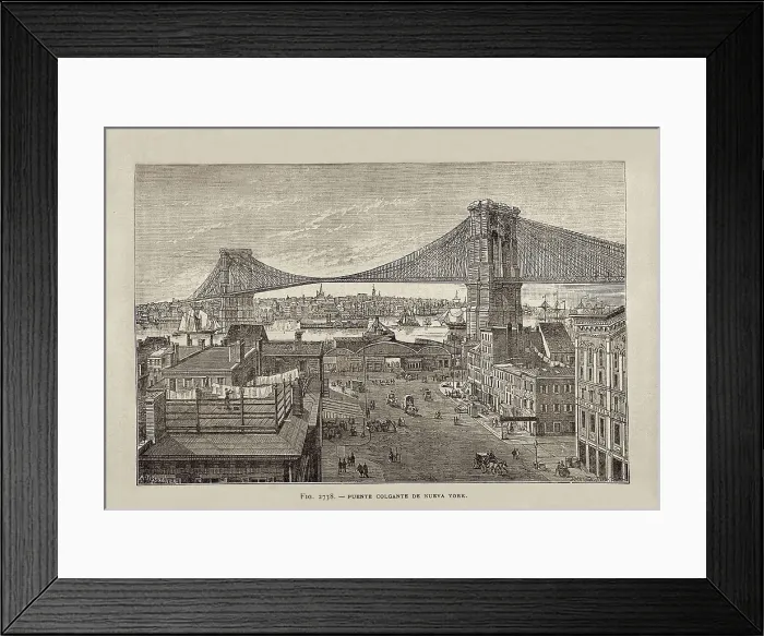 Framed Print : New York. Hanging bridge. Illustration of the 'Diccionario de Arquitectura e Ingeniera' by Pelayo Clairac y Senz (1879). Etching. SPAIN. Madrid