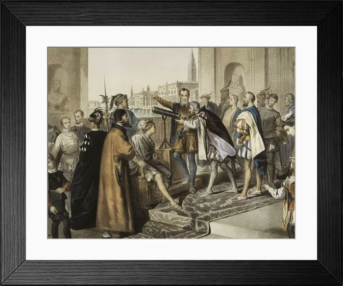 Framed Print : GALILEO, Galileo Galilei, called (1564-1642). Galileo shows his telescope. Work by L. Turgis. Litography. AISA / Everett Collection**US SALES ONLY**