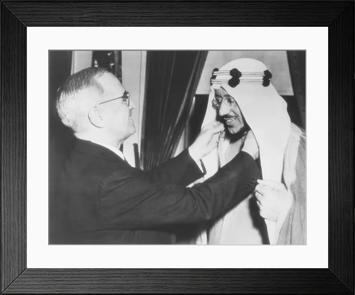 Framed Print : President Harry Truman presents the Legion of Merit to Crown Prince Amir Saud of Saudi Arabia. Feb. 18, 1947 Framed Print : President Harry Truman presents the Legion of Merit to Crown Prince Amir Saud of Saudi Arabia. Feb. 18, 1947