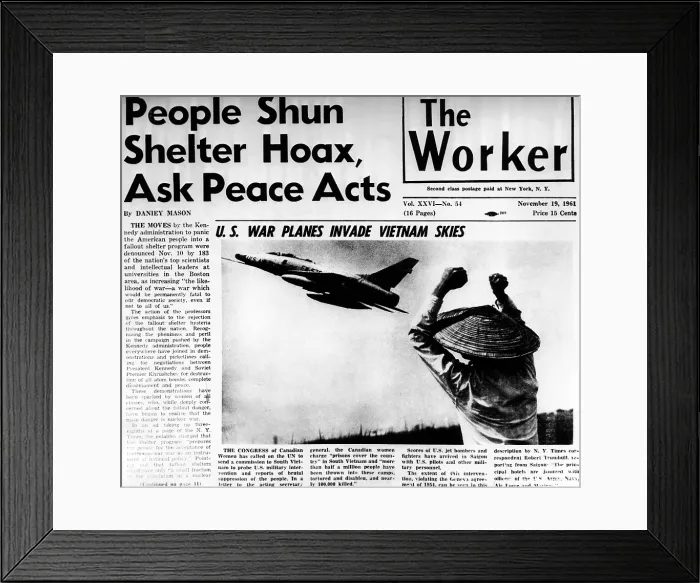 Framed Print : US Planes Invade Vietnam Skies. An obviously manipulated composite photograph on the front page of the Daily Worker, the newspaper of the American Communist Party. Nov. 19, 1961 Framed Print : US Planes Invade Vietnam Skies. An obviously manipulated composite photograph on the front page of the Daily Worker, the newspaper of the American Communist Party. Nov. 19, 1961