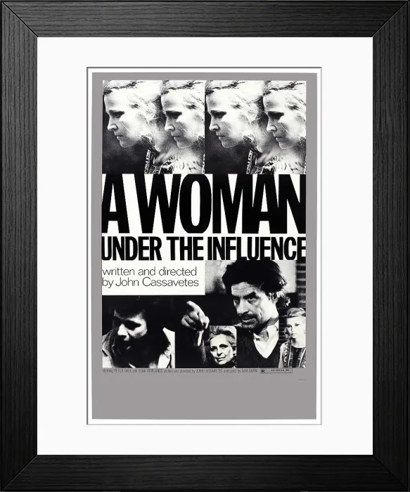 Framed Print : A WOMAN UNDER THE INFLUENCE, US poster art, Peter Falk (left), director John Cassavetes (second right), Gena Rowlands (top and bottom right), 1974