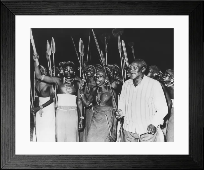 Framed Print : President Jomo Kenyatta joined in tribal dancing of the Rendille Tribe at Embu, Kenya. March 21, 1966