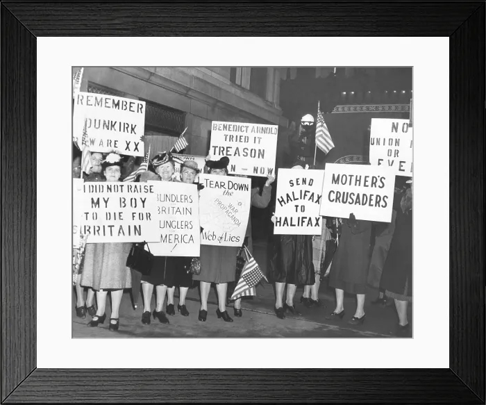 Framed Print : Female isolationists picket British Ambassador, Lord Halifax in Chicago, May 8, 1941. They were from America First, Mothers Crusade, and Keep America Out of War Framed Print : Female isolationists picket British Ambassador, Lord Halifax in Chicago, May 8, 1941. They were from America First, Mothers Crusade, and Keep America Out of War