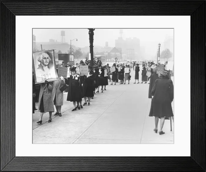 Framed Print : Female isolationists picket British Ambassador, Lord Halifax in Cleveland, Nov. 6, 1941. They carry signs reading: Halifax is a War Monger; Give Us Back Our White House