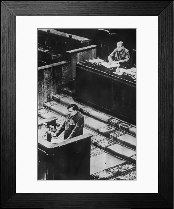 Framed Print : Party Secretary Georgy Malenkov at the podium with Premier Joseph Stalin seated behind him. Stalin would die 5 months later and Malenkov was his presumed successor. October 1952 Framed Print : Party Secretary Georgy Malenkov at the podium with Premier Joseph Stalin seated behind him. Stalin would die 5 months later and Malenkov was his presumed successor. October 1952