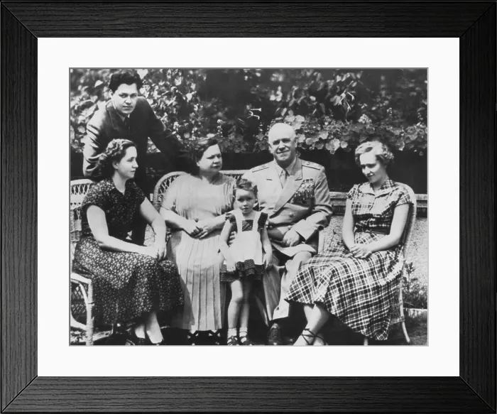 Framed Print : Russian World War II hero Marshall Zhukov with his family. Zhukov, the Soviet Minister of Defense, shared the photo with President Dwight Eisenhower Framed Print : Russian World War II hero Marshall Zhukov with his family. Zhukov, the Soviet Minister of Defense, shared the photo with President Dwight Eisenhower