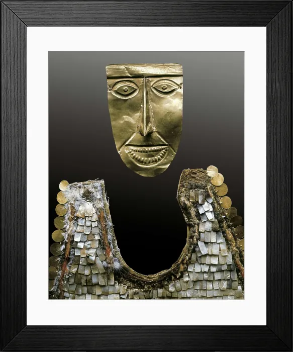 Framed Print : Gold mask and pectoral. 200 BC-600. Fabric, feathers, pearl shells and gold discs pectoral. Nazca art. Jewelry. PERU. Lima. Peruvian Gold Museum