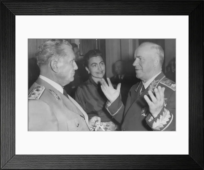 Framed Print : Georgy Zhukov, Soviet Defense Minister talks with Yugoslav President, Marshall Tito. Ljubljana, Yugoslavia, Oct. 15, 1957. At center is Jovanka Broz Tito. (CSU_2015_11_1355)