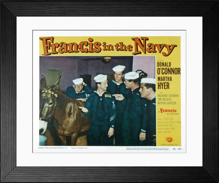 Framed Print : FRANCIS IN THE NAVY, US lobbycard, from left: Francis the talking mule, Richard Erdman, Donald O'Connor, Clint Eastwood, Martin Milner, Phil Garris, 1955