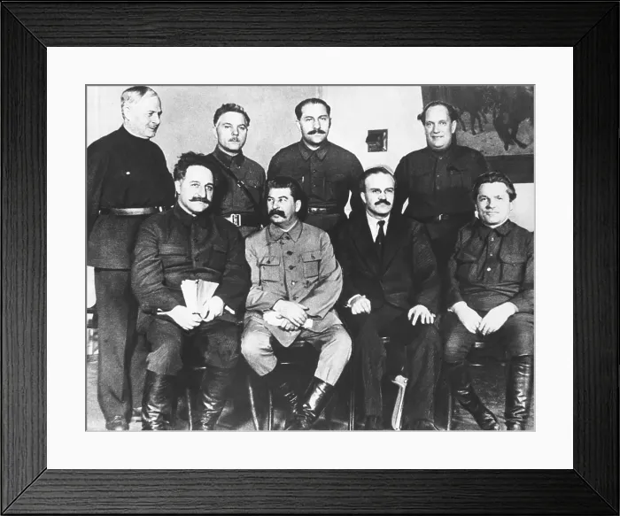 Framed Print : Leaders of the Russian Soviet Union, 17th Congress of the Communist Party in Moscow, 1934. Left to right, seated: G. Ordjonikidze; Stalin; V. Molotov; and S. Kirov Framed Print : Leaders of the Russian Soviet Union, 17th Congress of the Communist Party in Moscow, 1934. Left to right, seated: G. Ordjonikidze; Stalin; V. Molotov; and S. Kirov
