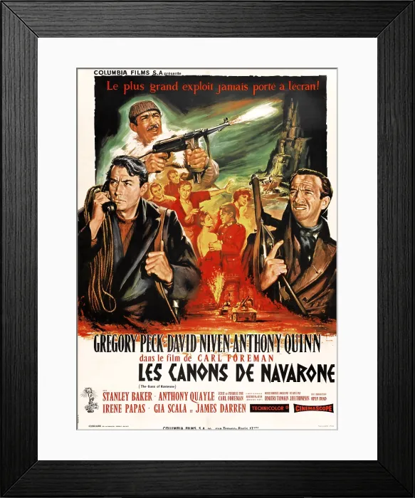 Framed Print : THE GUNS OF NAVARONE (aka LES CANONS DE NAVARONE), from left: Gregory Peck, Anthony Quinn, David Niven on French poster art, 1961 Framed Print : THE GUNS OF NAVARONE (aka LES CANONS DE NAVARONE), from left: Gregory Peck, Anthony Quinn, David Niven on French poster art, 1961