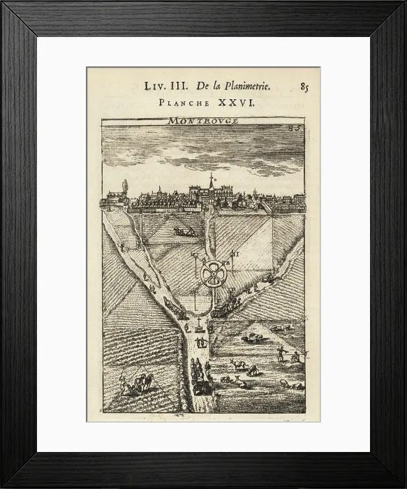 Framed Print : Practical Geometry' by Allain Manesson Mallet. Fol. 85 depicting the surveying of fields (1702). Engraving. FRANCE. Paris. National Library