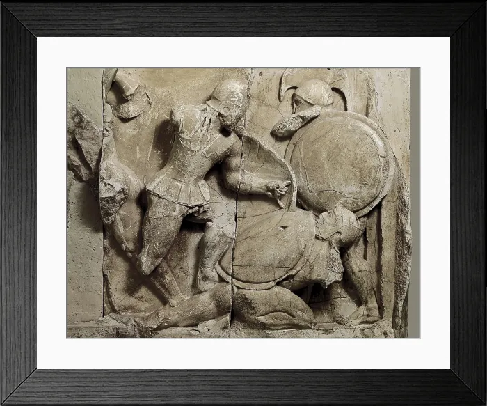 Framed Print : Pediment and frieze from the treasury of the Siphnians. ca. 525 BC. Detail of the frieze. Scene of the fight between Greeks and Trojans. Archaic Greek art. Relief on marble Framed Print : Pediment and frieze from the treasury of the Siphnians. ca. 525 BC. Detail of the frieze. Scene of the fight between Greeks and Trojans. Archaic Greek art. Relief on marble