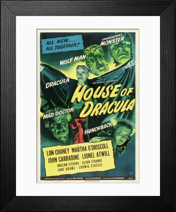 Framed Print : HOUSE OF DRACULA, John Carradine, Lon Chaney, Jr. Glenn Strange, Martha O'Driscoll, Lionel Atwill, 1945