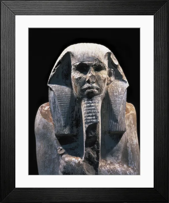 Framed Print : Seated statue of King Djoser. 2611 BC. Detail. Egyptian art. Old Kingdom. Sculpture on rock. EGYPT. Cairo. Egyptian Museum. Proc: EGYPT. Saqqara