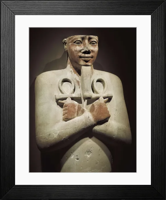 Framed Print : Pharaoh figure holding the life symbol between both hands. 16th-14th c. BC. 18th Dynasty. Egyptian art. New Kingdom. Sculpture. EGYPT. Luksor. Luxor Museum. Proc: EGYPT. Karnak