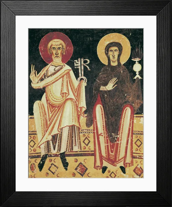 Framed Print : Apse from El Burgal. end 11th c. Left detail: the Virgin represented with the chalice and St. Peter holding the keys. Work ascribed to the Master Pedret Circle. Romanesque art Framed Print : Apse from El Burgal. end 11th c. Left detail: the Virgin represented with the chalice and St. Peter holding the keys. Work ascribed to the Master Pedret Circle. Romanesque art