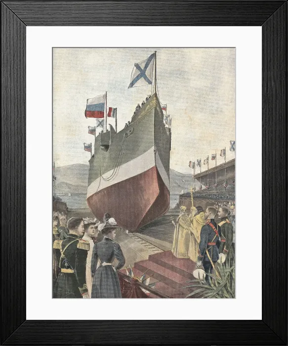 Framed Print : Launching of the Russian armored warship 'Cesarevitch' in the Toulon shipyards. Illustration from 'Le Petit Journal' (March 17th1901)