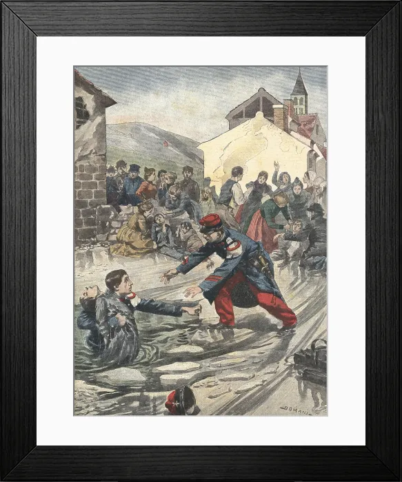 Framed Print : France (1901). Soldier saving a couple. Illustration by Domani from 'Le Petit Journal' (March 3rd1901). Coleccin Gasca / AISA / Everett Collection (157091)**US SALES ONLY**