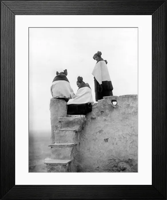Framed Print : Native Americans, three Hopi women at the top of adobe steps, photograph by Edward S. Curtis, circa 1906