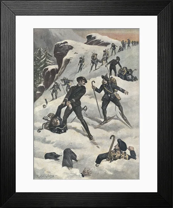 Framed Print : France (1901). Alpine soldiers saved by his fellows. Illustration of Paul Dufresne published in 'Le Petit Journal' (February 101901). Engraving
