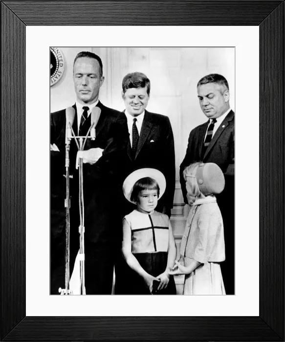 Framed Print : Mercury astronaut Scott Carpenter visits the White House. President John F. Kennedy, Mercury Director Walter Williams and Carpenter's daughters listen as he speaks, 1962