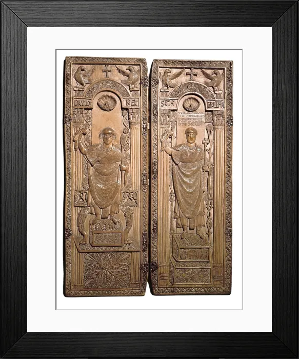 Framed Print : Diptych of Saint Gregory. 9th c. Ostrogothic or Lombardian art. Sculpture on ivory. SPAIN. Gerona. Cathedral's Treasure-Capitular Museum
