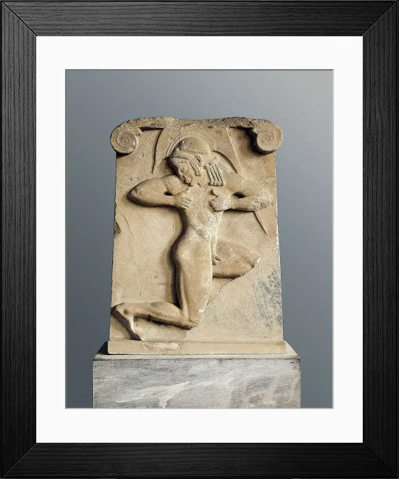 Framed Print : Relief oh the hoplitodromos. ca. 500 BC. Depiction of a hoplite running. Archaic Greek art. Relief on marble. GREECE. Athens. National Museum of Archaeology. Proc: GREECE. Athens
