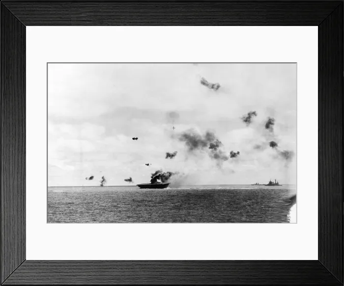 Framed Print : The aircraft carrier USS Yorktown being hit by dive bombers at the Battle of Midway, 1942. Courtesy: CSU Archives  /  Everett Collection