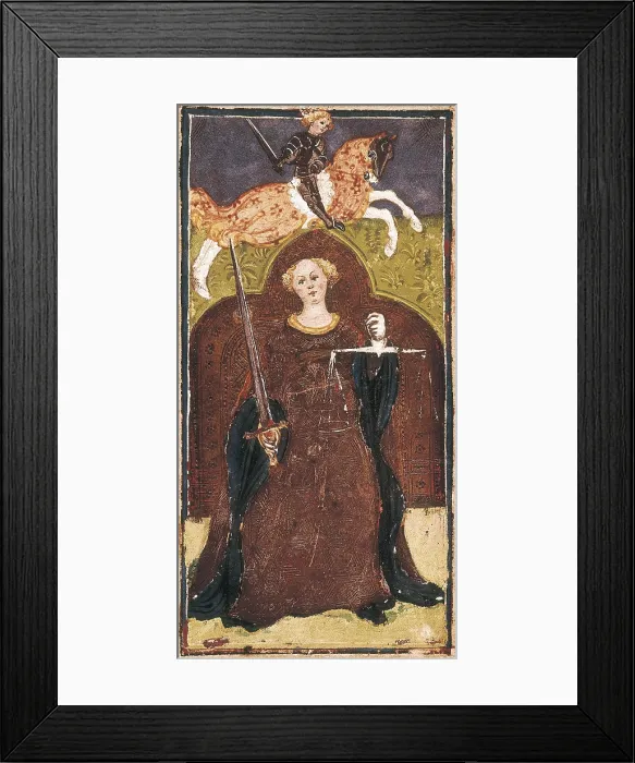 Framed Print : BEMBO, Bonifacio (1420-1482). The Visconti Tarot. mid. 15th c. Card of the Justice. Painting. ITALY. Bergamo. Galleria dell'Accademia Carrara (Carrara Academy Gallery) Framed Print : BEMBO, Bonifacio (1420-1482). The Visconti Tarot. mid. 15th c. Card of the Justice. Painting. ITALY. Bergamo. Galleria dell'Accademia Carrara (Carrara Academy Gallery)