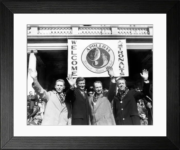 Framed Print : New York Mayor John Lindsay (second from left) with Apollo 14 astronauts Stuart Roosa (far left), Edgar Mitchell (second from right), Alan Shepard (far right)