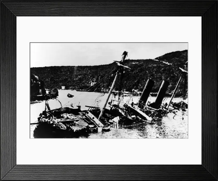 Framed Print : Spanish fleet sunk bay the U.S. naval squadron commanded by George Dewey in Manila Bay, Philippines during the Spanish-American War, 1898