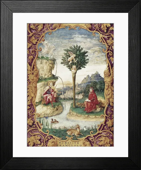 Framed Print : Miniature with Francesco Petrarca, Laura de Noves and a minstrel (14th c.). Miniature Painting. SPAIN. Madrid. National Library. AISA / Everett Collection**US SALES ONLY**