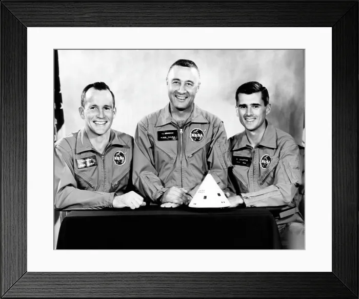 Framed Print : The crew of the first manned Apollo space flight, all of whom were killed in a fire at Cape Canaveral. L-R: Edward H. White II, Virgil I. Grissom, Roger B. Chaffee, 1967