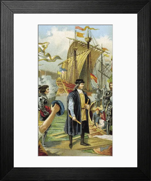 Framed Print : Columbus boarding in the harbour of Palos de la Frontera. Drawing. AISA / Everett Collection**US SALES ONLY**