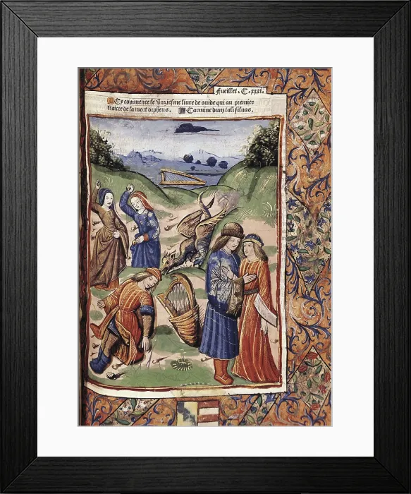 Framed Print : VERARD, Antoine (15th century). Bible des Potes (Bible of the Poets). 1493. French edition of Ovid's 'Metamorphoses'. Scene with Orpheus myth. Renaissance art Framed Print : VERARD, Antoine (15th century). Bible des Potes (Bible of the Poets). 1493. French edition of Ovid's 'Metamorphoses'. Scene with Orpheus myth. Renaissance art