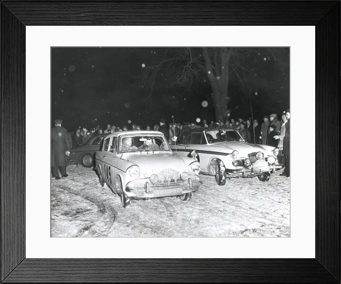 Framed Print : Motoring (1963). Rally racing in England. The Scottish racer D. B. Kinnon, driving a Ford, leaves the chekpoint in East Grinstead and goes to Dover